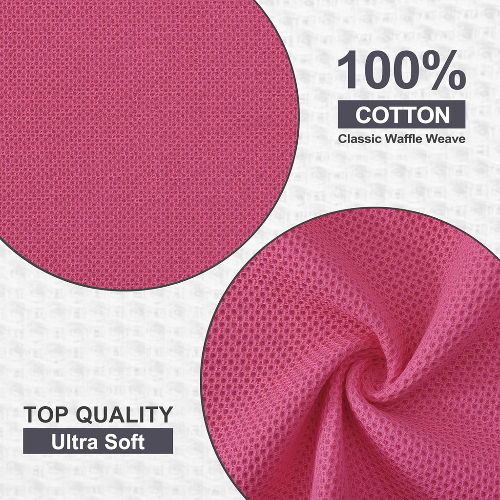 Kitinjoy 100% Cotton Kitchen Dish Cloths, 12 Pack Waffle Weave Ultra Soft Absorbent Dish Towels for Drying Dishes Quick Drying Kitchen Towels Dish Rags, 12 X 12 Inches, Hot Pink