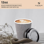 [400 SET]Harvest Pack 12 oz Disposable Coffee Cups, Insulated Ripple Double-Walled Paper Cup with Lid, Black and White Geometric, Tea Hot Chocolate Drinks To go coffee cups
