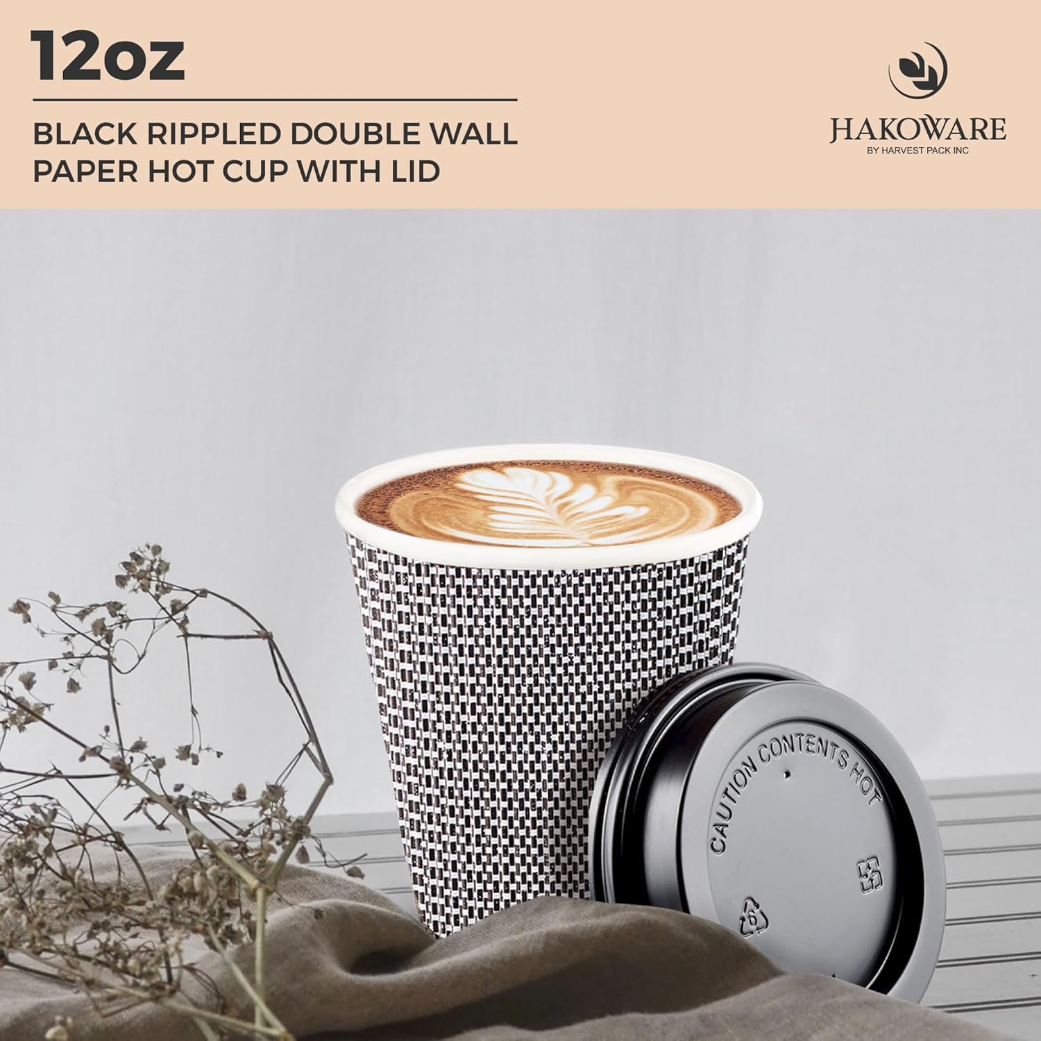 [400 SET]Harvest Pack 12 oz Disposable Coffee Cups, Insulated Ripple Double-Walled Paper Cup with Lid, Black and White Geometric, Tea Hot Chocolate Drinks To go coffee cups