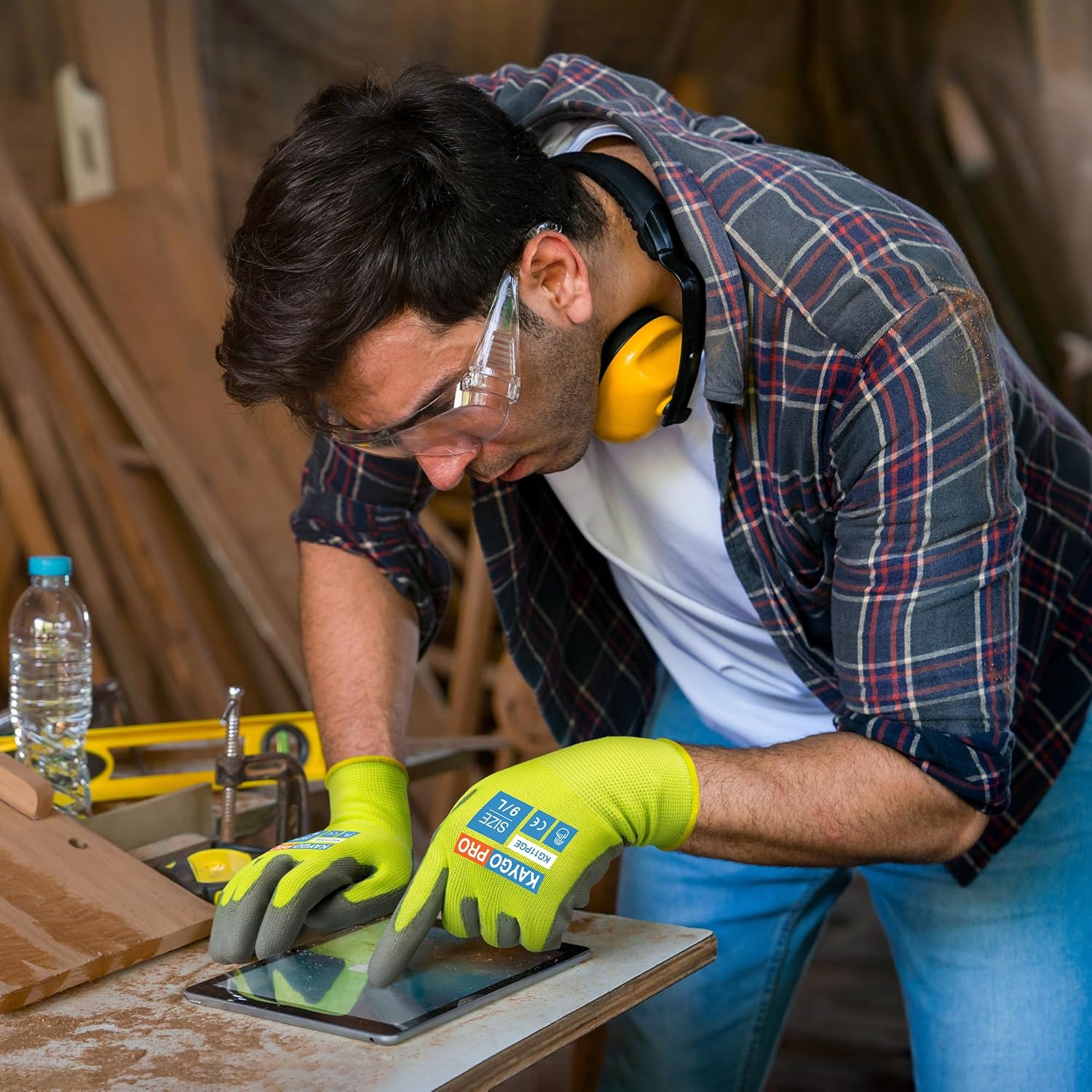 KAYGO Safety Work Gloves PU Coated for Men and Women- KG11P,12 Pairs,Seamless Knit Glove with Two Fingers Touchscreen,Ideal for General Duty Work (Green,M)