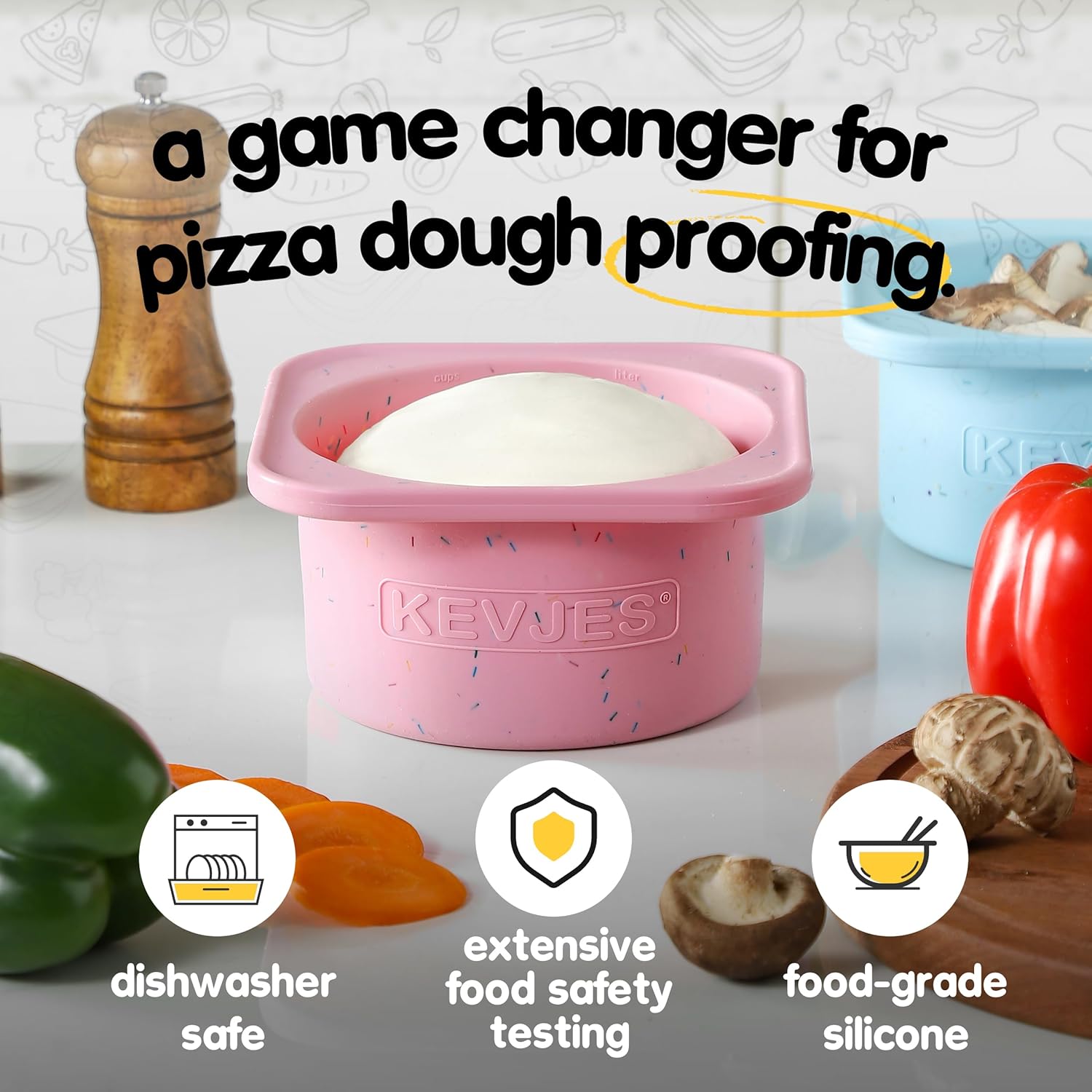 PLUS 1000ml Pizza Dough Proofing Containers for DIY family Artisan Pizza, Food Grade Silicone Stackable Boxes with Lids, Freezer, Fridge, Dishwasher Safe-Sprinkles Pattern-3 Pack (Cotton Candy)