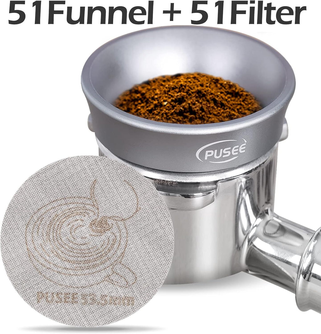 PUSEE Espresso Dosing Funnel & Puck Screen, Magnetic Coffee Dosing Ring Aluminum Metal, Reusable 1.7mm Thickness 150m Espresso Puck Screen 316 Stainless Steel Fits 51mm Portafilter