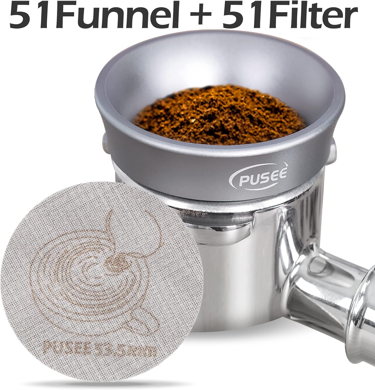 PUSEE Espresso Dosing Funnel & Puck Screen, Magnetic Coffee Dosing Ring Aluminum Metal, Reusable 1.7mm Thickness 150m Espresso Puck Screen 316 Stainless Steel Fits 51mm Portafilter