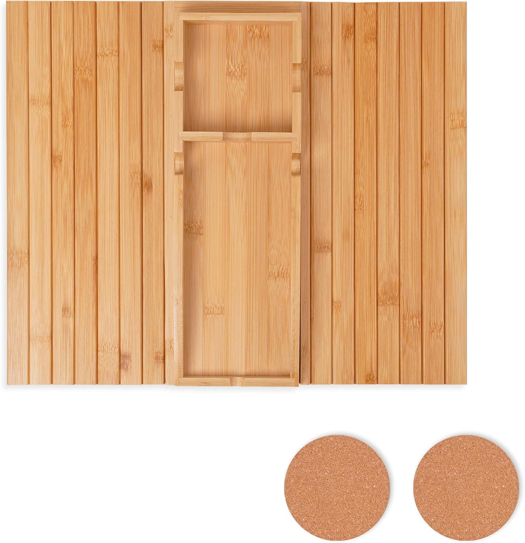 Foldable Couch Cup Holder with 2 Cork Coasters – Detachable Bamboo Sofa Tray, Anti-Slip Sofa Armrest Caddy for Drinks, Snacks, Laptops, & Bathtub – Perfect Home & Gift Accessory