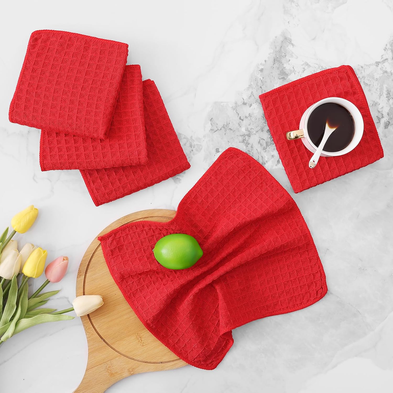 Homaxy Microfiber Waffle Weave Kitchen Dish Cloths, 12 x 12 Inch Ultra Absorbent and Solid Color Dish Towels for Kitchen Fast Drying Dishcloth for Washing Dishes, 6 Pack, Red