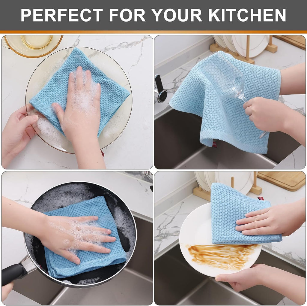 Kitinjoy 100% Cotton Kitchen Dish Cloths (12 X 12 Inches, Sky Blue),6 Pack Waffle Weave Ultra Soft Absorbent Dish Towels for Drying Dishes Quick Drying Kitchen Towels Dish Rags