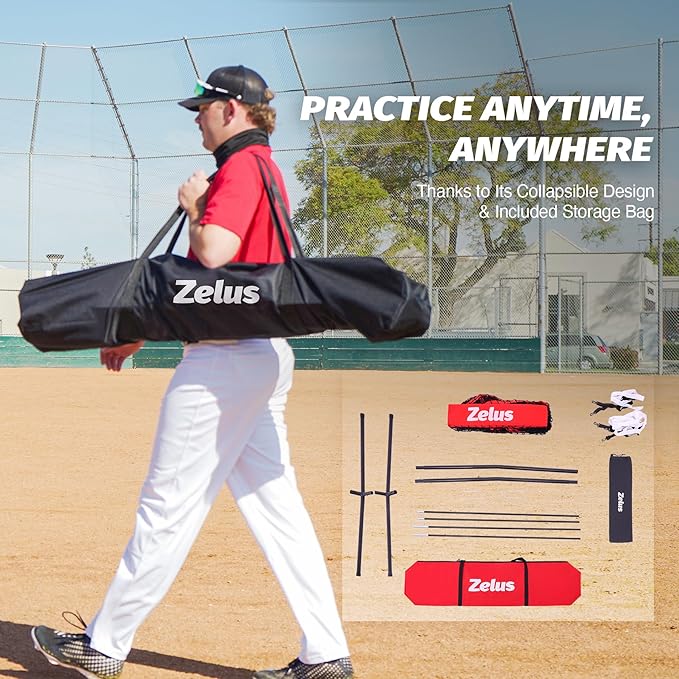 ZELUS Baseball Net 7 ft x7 ft, Softball Hitting & Pitching with Carry Bag, Ground Stakes, Portable Backstop & Bow Frame, Training Equipment for All Ages