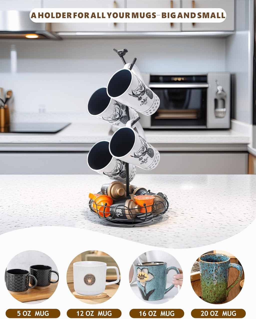 Coffee Mug Holder for Countertop, Mug Tree with Bird's Nest Storage Basket, Holds 4 Large Mugs (20oz Compatible), Whimsical Kitchen Decor, Coffee Bar Accessories (Black)
