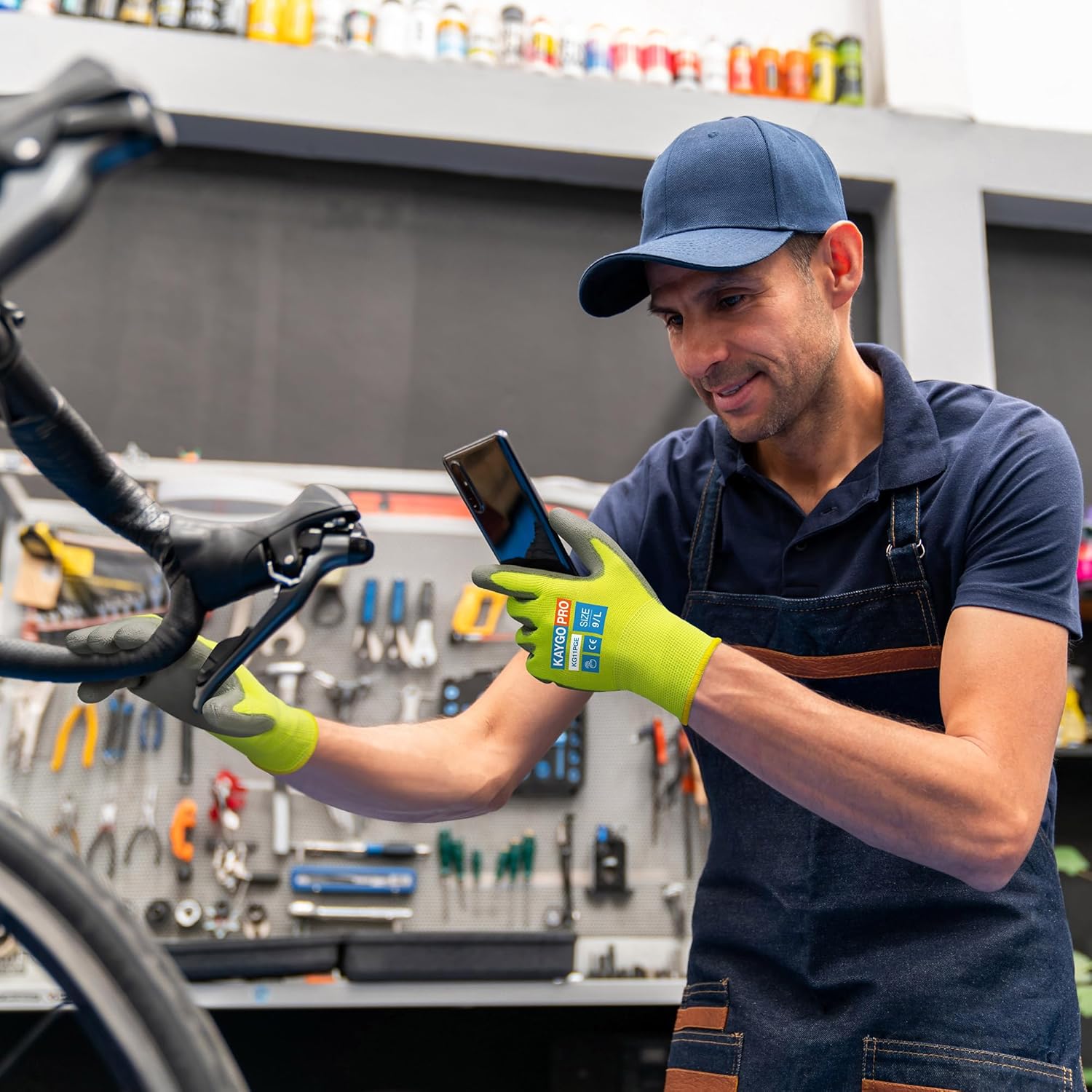 KAYGO Safety Work Gloves PU Coated for Men and Women- KG11P,12 Pairs,Seamless Knit Glove with Two Fingers Touchscreen,Ideal for General Duty Work (Green,M)