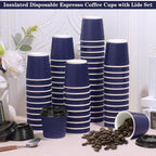 100 4oz Disposable Espresso Cups with Lids Ripple Corrugated Paper Disposable Coffee Cups Cups for Hot Chocolate, Tea, and Cocoa Drinks (Blue)