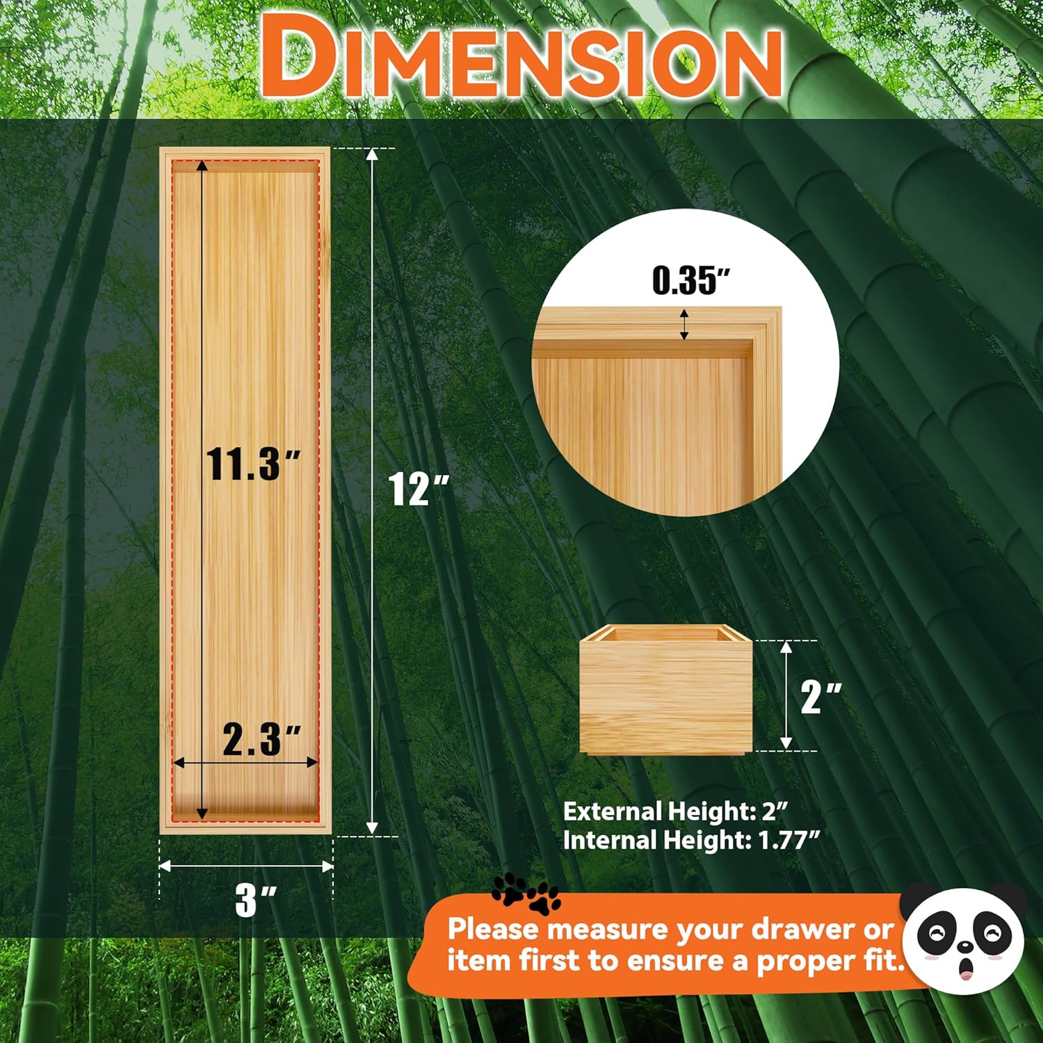 Bamboo Drawer Organizer, Narrow Stackable Cutlery Tray for Kitchen, 2 Pcs Silverware & Utensil Box, 12" x 3" x 2" (Outer), 11.3" x 2.3" x 1.77" (Inner)