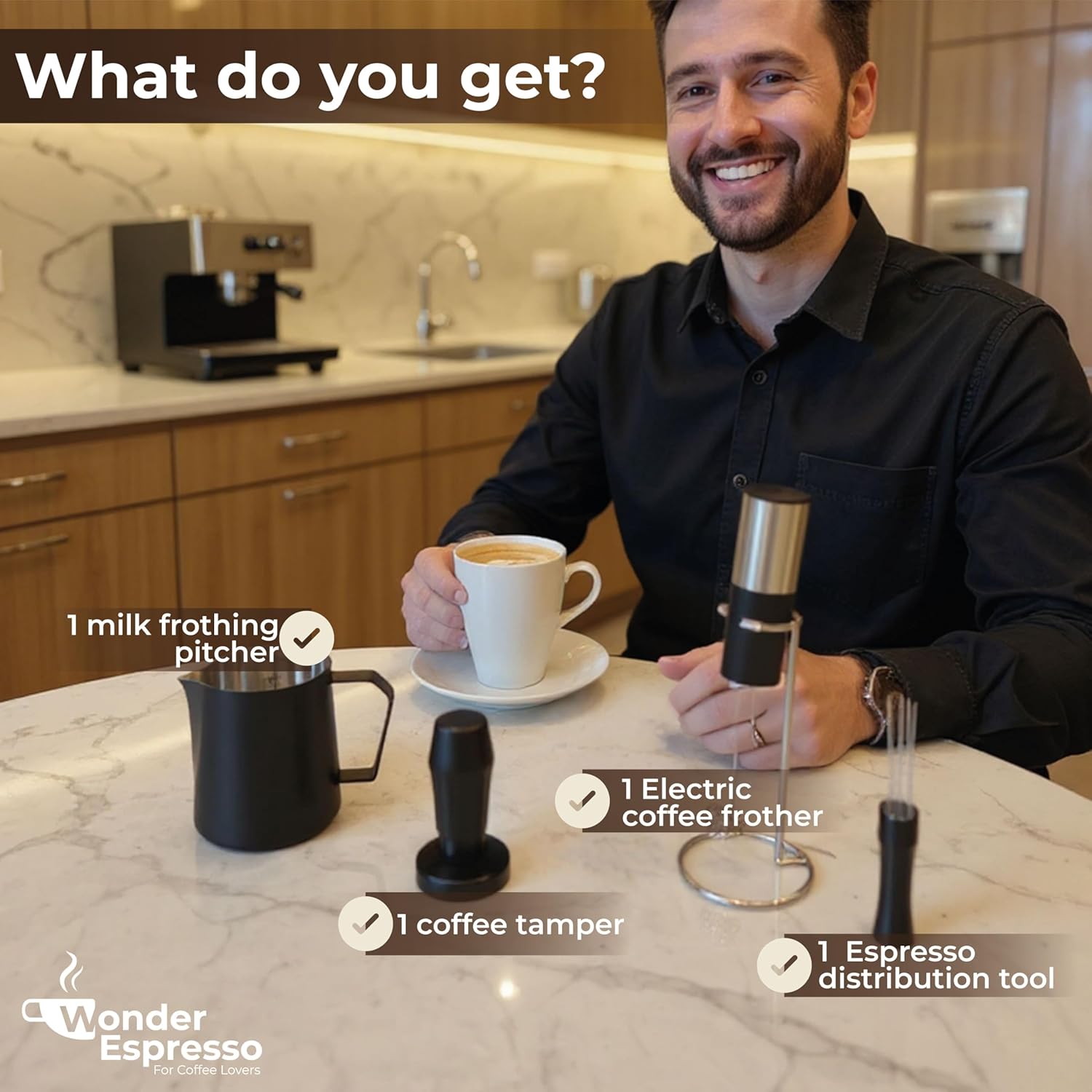 WDT Tool Espresso Magnetic, Espresso Tool Kit, Coffee Tamper 51mm, Milk Frother Handheld, Frothing Pitcher Stainless Steel, Electric Drink Mixer Wand, Barista Tools for Coffee Lovers