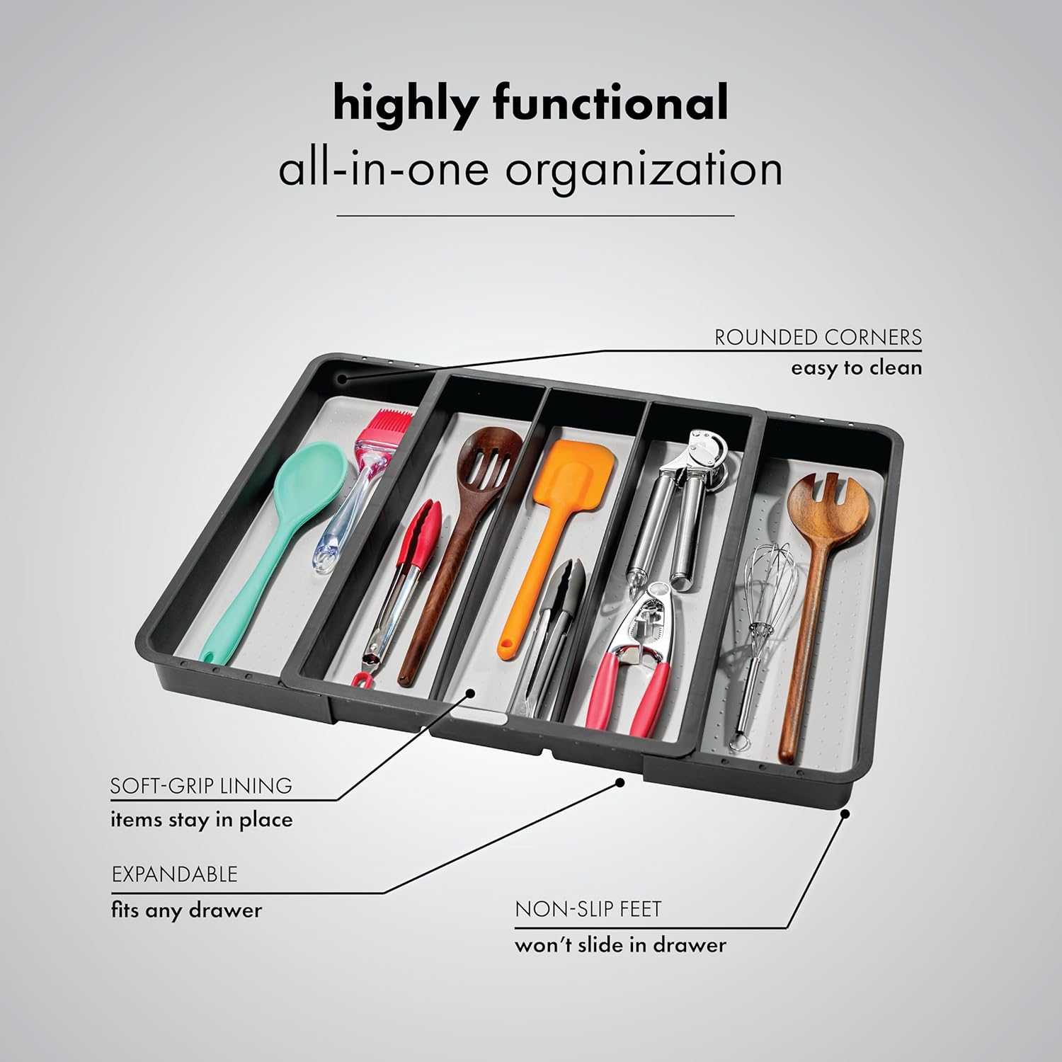 madesmart Expandable Utensil Tray - Granite| CLASSIC COLLECTION| 5-Compartments | Kitchen Organizer | Soft-Grip Lining | Easy to Clean | BPA-Free