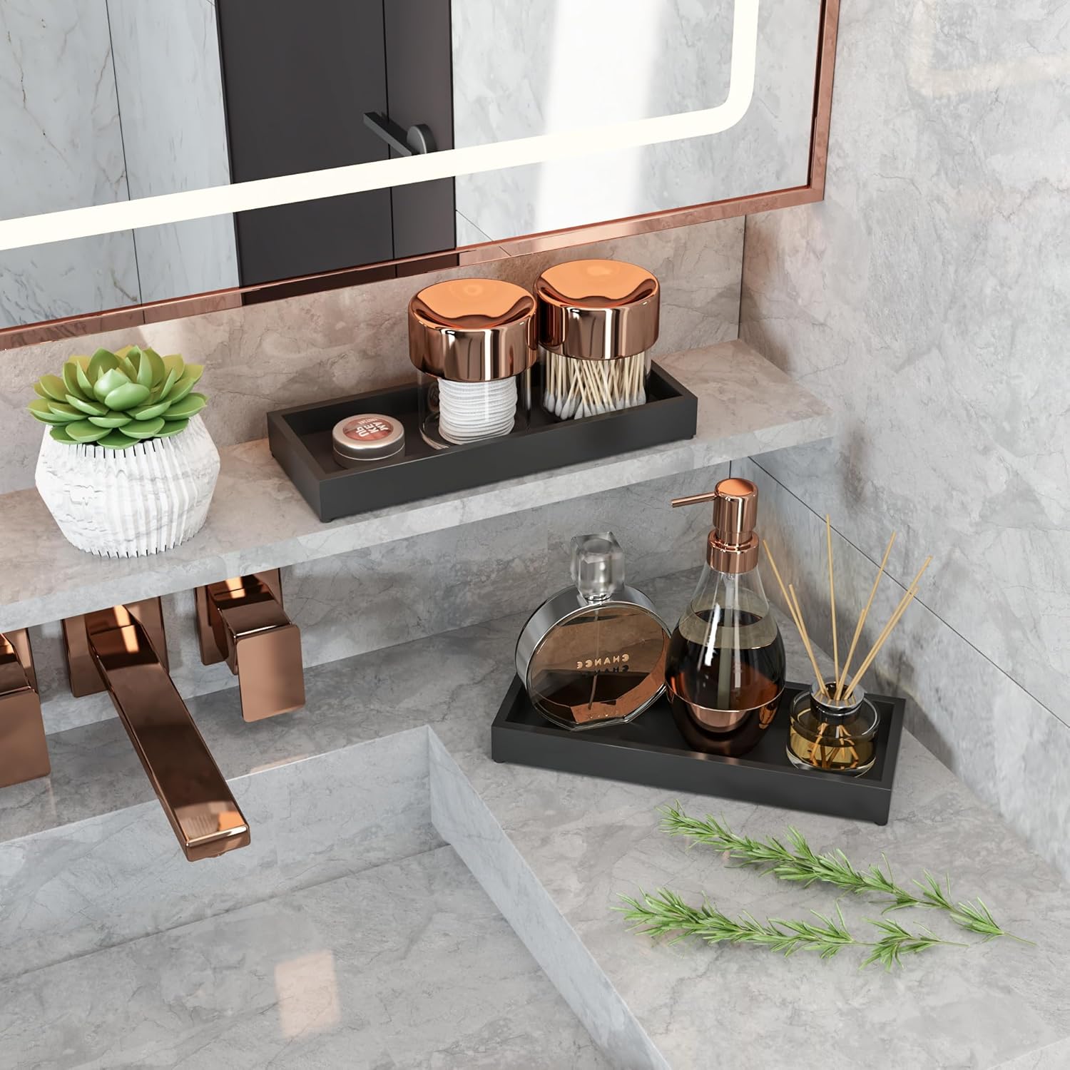 Bathroom Vanity Tray Black Decorative Tray for Counter, 11.2"x 4.3" Small Wood Sink Soap Tray Holder for Kitchen, Dresser Countertop Decor Rectangle Wooden Organizer, Black