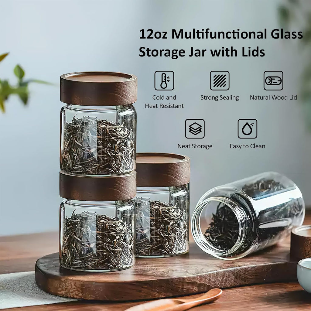 26 oz/850 ml Clear Glass Storage Canister with Airtight Wooden Lid, 4 Pack Small Overnight Oats Containers, Cute Decorative Salad Jar for Snacks Yogurt Spice Sugar Cereal Fruit Coffee Tea