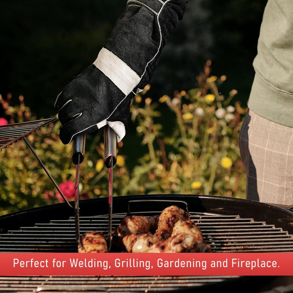 YESWELDER 23.6 Inches 932℉,Leather Forge MIG Welding Gloves, with Kevlar Stitching Heat/Fire Resistant, Palm Reinforcements, Forge,Grill, Fireplace Black-Gray