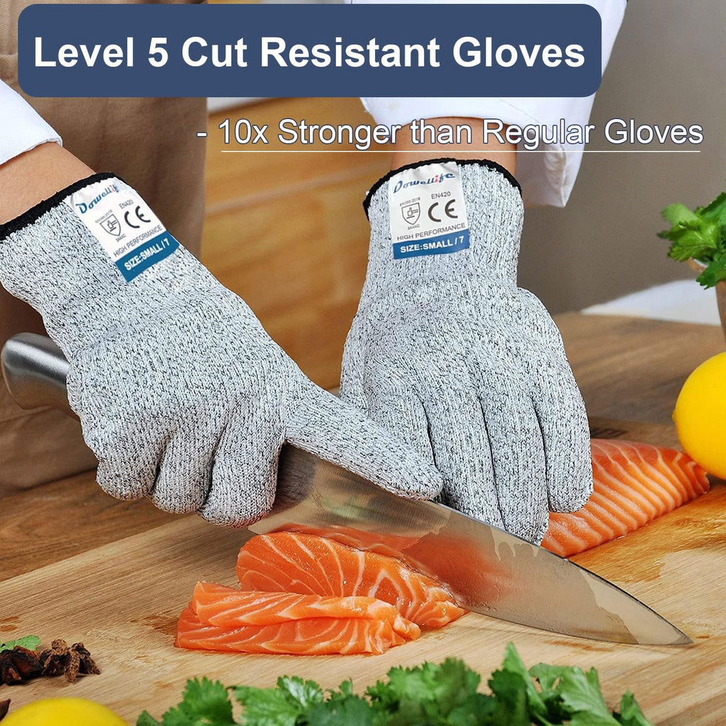 Dowellife Cut Resistant Gloves Food Grade Level 5 Protection, Safety Kitchen Cuts Gloves for Oyster Shucking, Fish Fillet Processing, Mandolin Slicing, Meat Cutting and Wood Carving. (Small-12 Pairs)