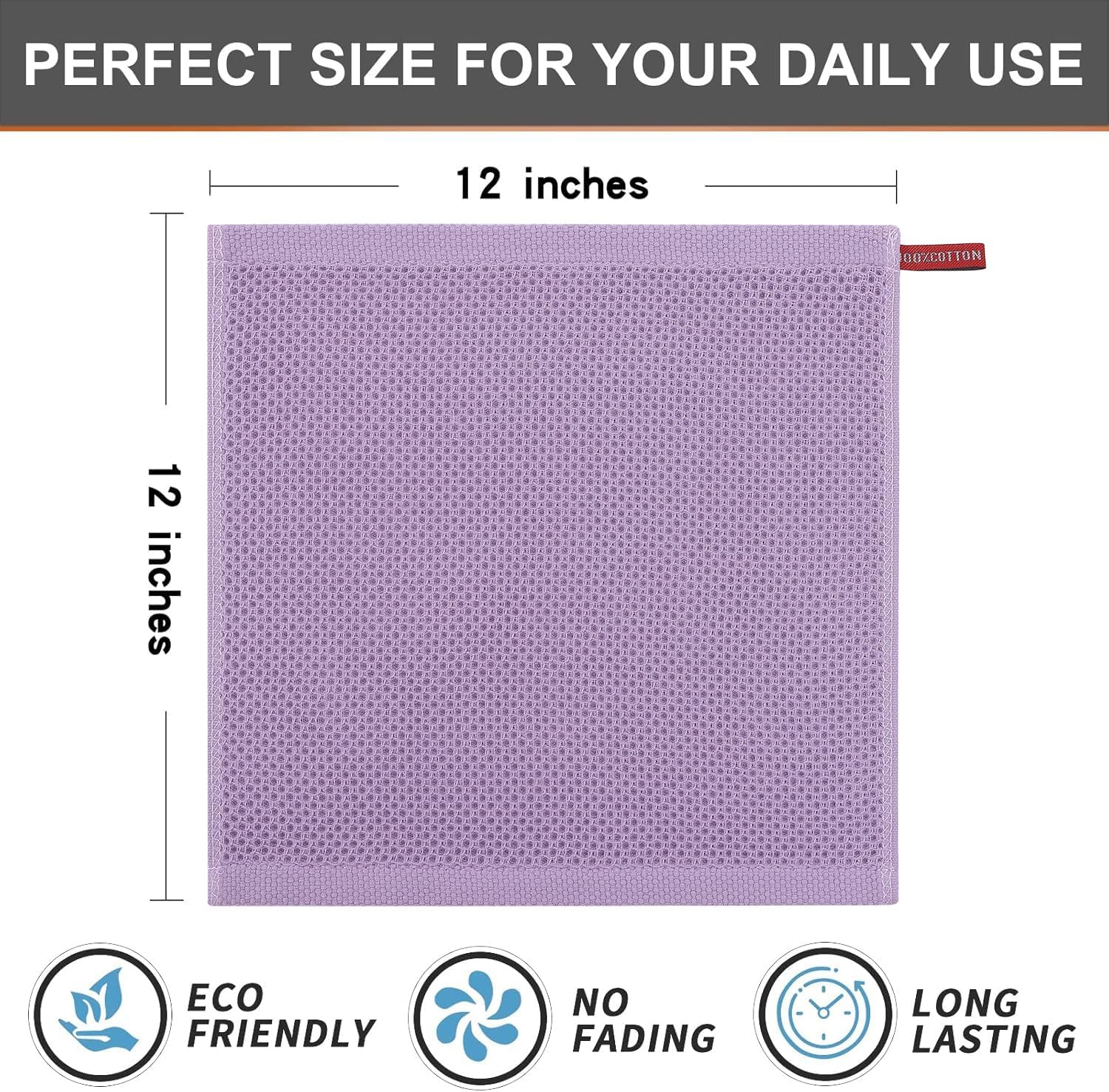 Kitinjoy 100% Cotton Kitchen Dish Cloths, 8 Pack Waffle Weave Ultra Soft Absorbent Dish Towels for Drying Dishes Quick Drying Kitchen Towels Dish Rags, 12 X 12 Inches, Lavender