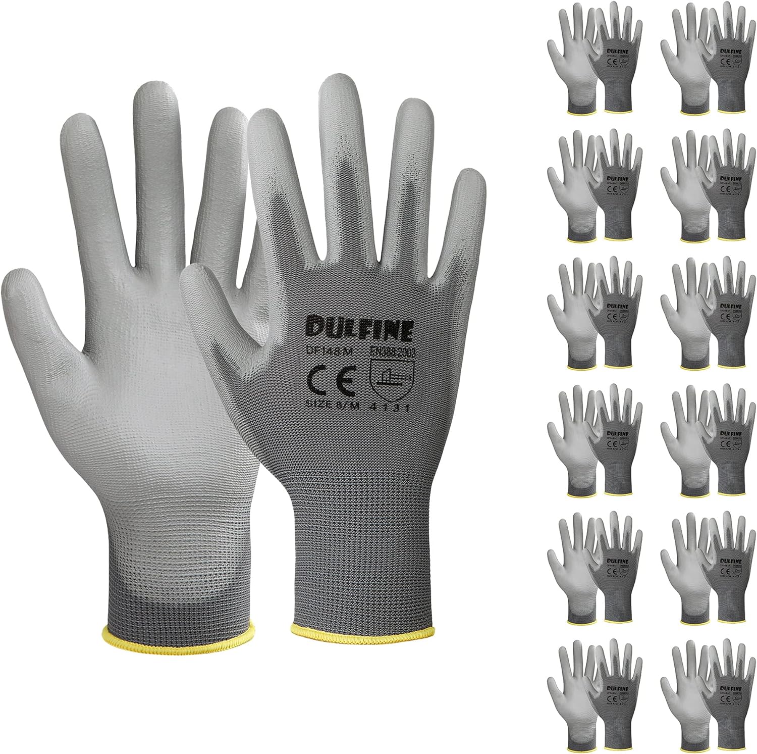 DULFINE Safety Work Gloves PU Coated-12 Pairs,Grey Seamless Knit Glove with Polyurethane Coated Smooth Grip on Palm & Fingers, for Men and Women, Ideal for General Duty Work (Extra Large)