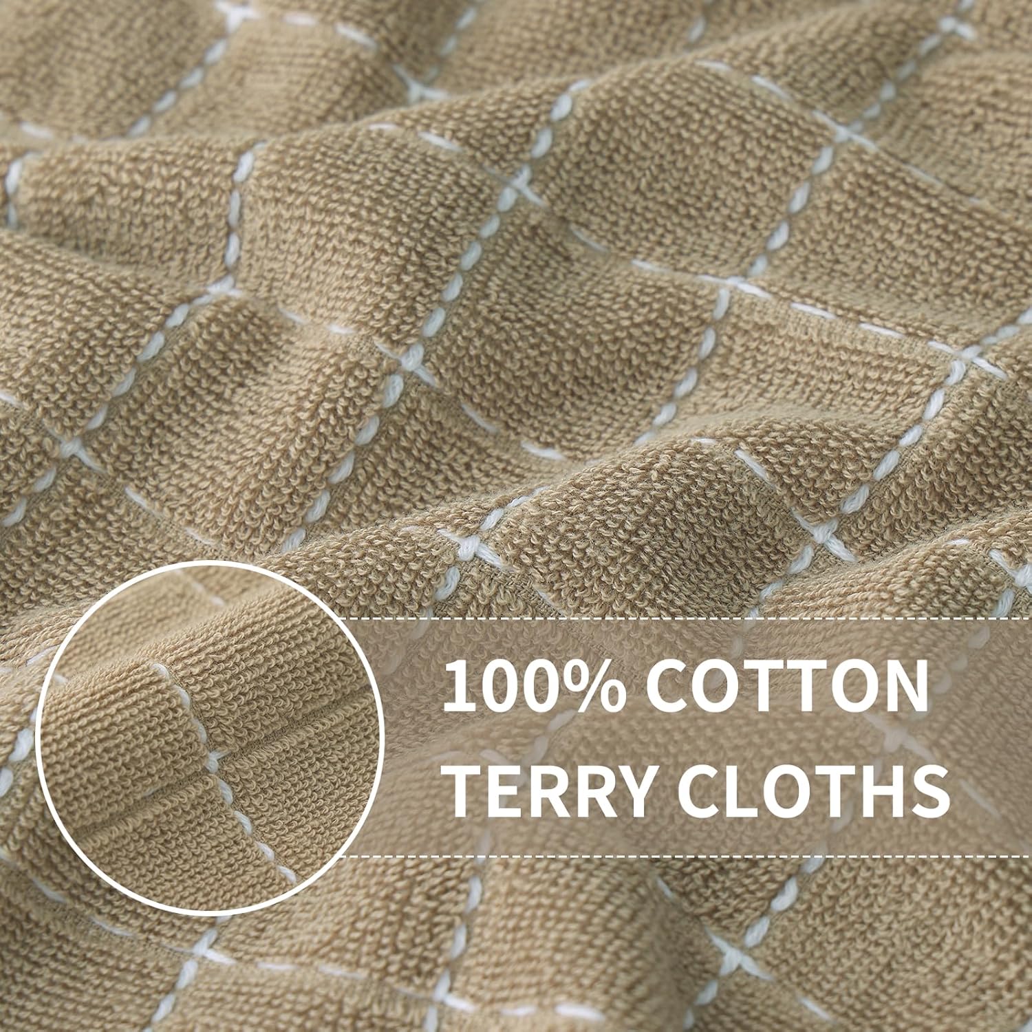 Homaxy 100% Cotton Terry Kitchen Towels(Tan, 13 x 28 inches), Checkered Designed, Soft and Super Absorbent Dish Towels, 8 Pack