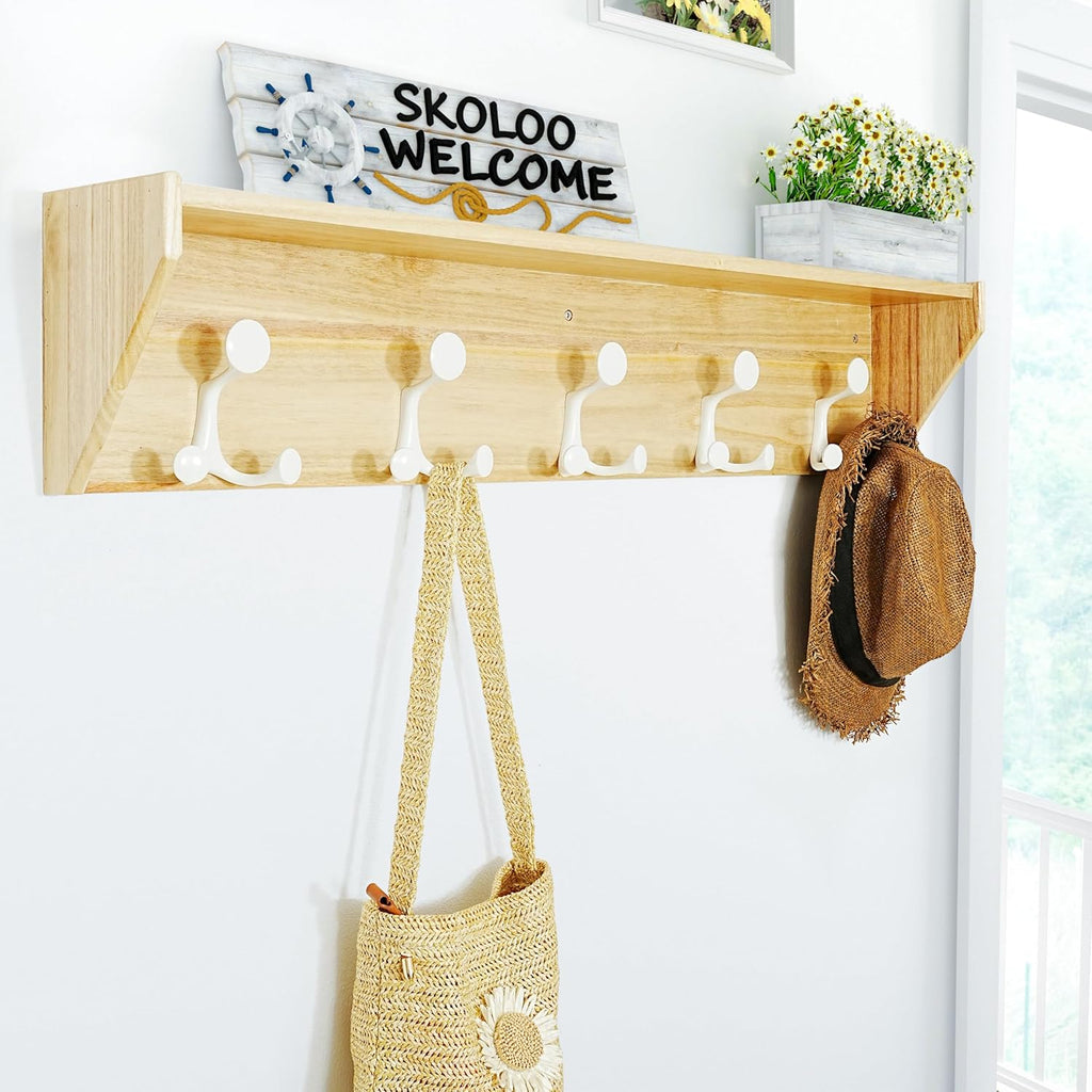SKOLOO Wall Shelf with Hooks, 35-Inch Coat Rack Wall Mount with Shelf Organizer - Lightweight & Sturdy, 5 Tri Hooks - Perfect for Entryway, Hallway, Living Room, Bedroom, Mudroom, Natural & White