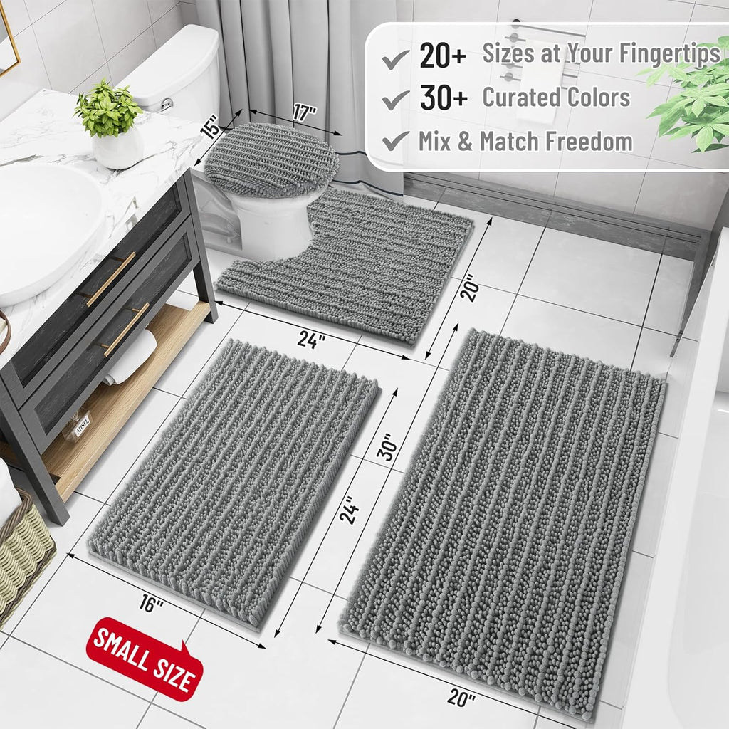 Arotive Luxury Chenille Bathroom Rug Mat, Extra Soft Thick Absorbent Shaggy Bath Rugs, Non-Slip Machine Wash Dry, Plush Bath Mats for Bathroom, Shower and Tub, 60x20, Grey