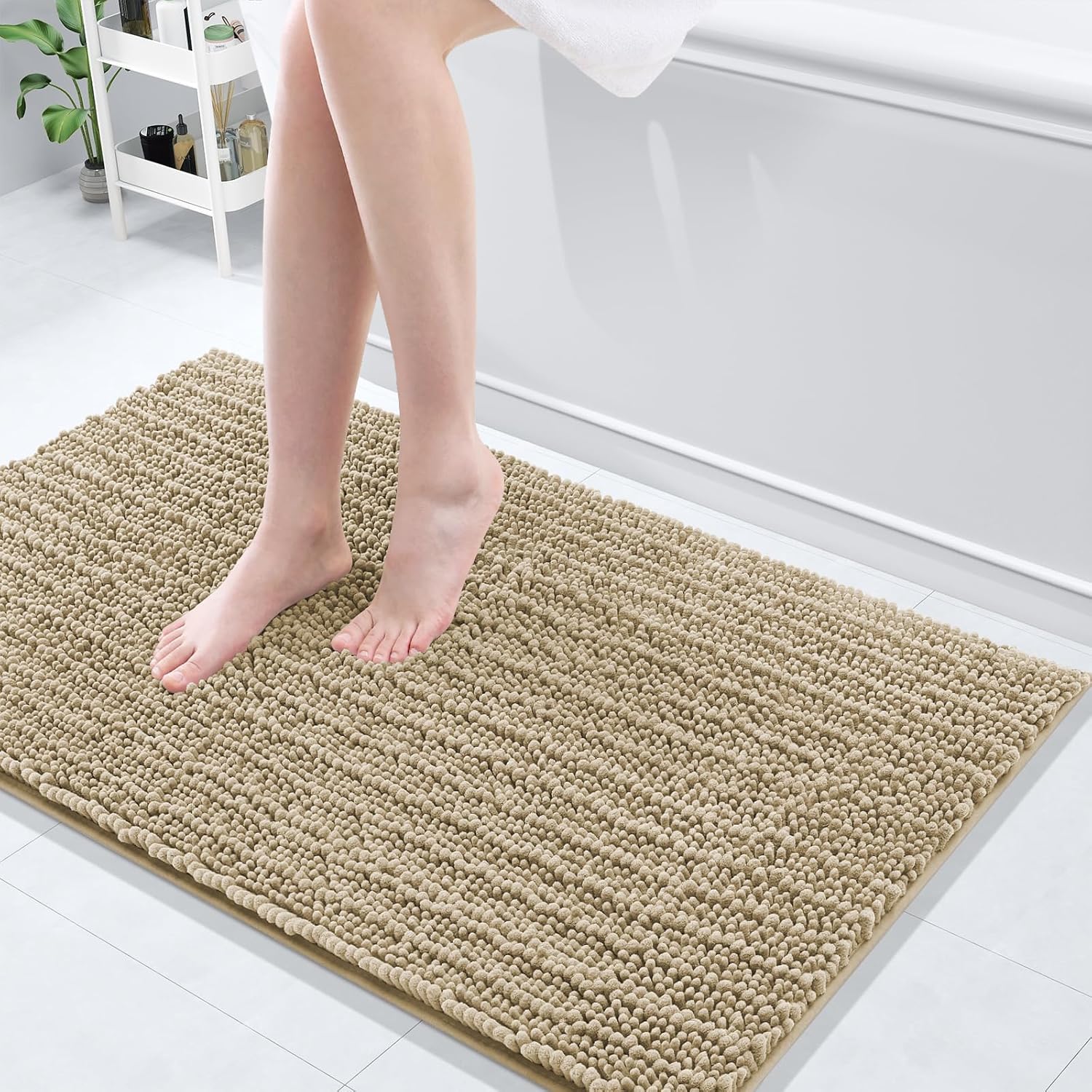 Arotive Luxury Chenille Bathroom Rug Mat, Extra Soft Thick Absorbent Shaggy Bath Rugs, Non-Slip Machine Wash Dry, Plush Bath Mats for Bathroom, Shower and Tub, 40x24, Beige