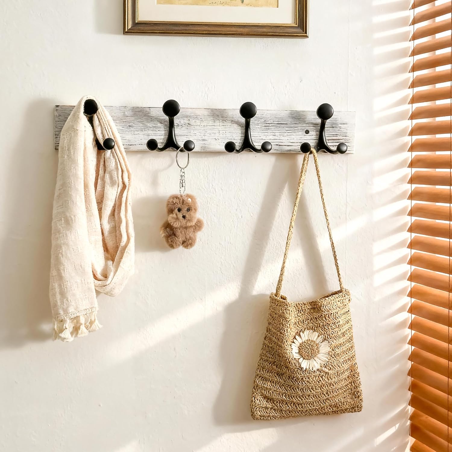 SKOLOO 24-Inch Wood Coat Rack Wall Mount with 4 Triple Hooks - Ideal for Family Entrances, Classrooms, and Pet Supplies Storage - Perfect Coat Hooks for Wall,Distressed White Wash