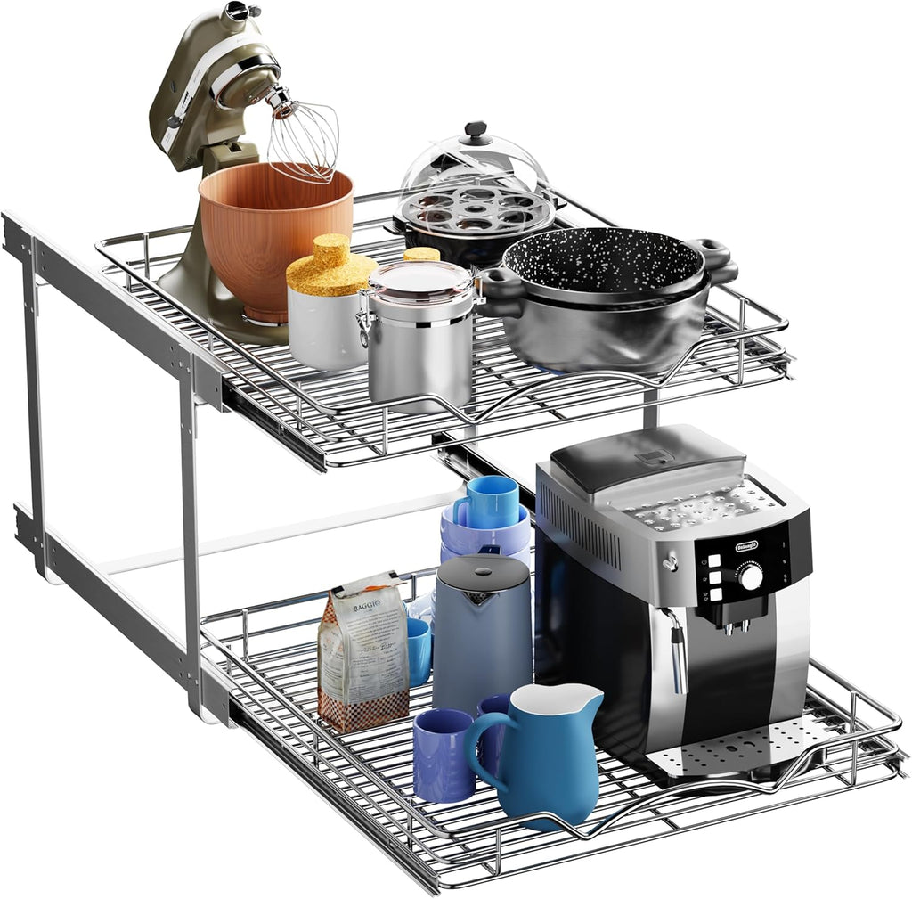 HOLDN’ STORAGE Two Tier Pull Out Cabinet Organizer, Individual Sliding Drawers - Heavy Duty Metal with Lifetime Limited Warranty - Anti Rust Chrome Finish - 20" W x 21”D x 16.5" H