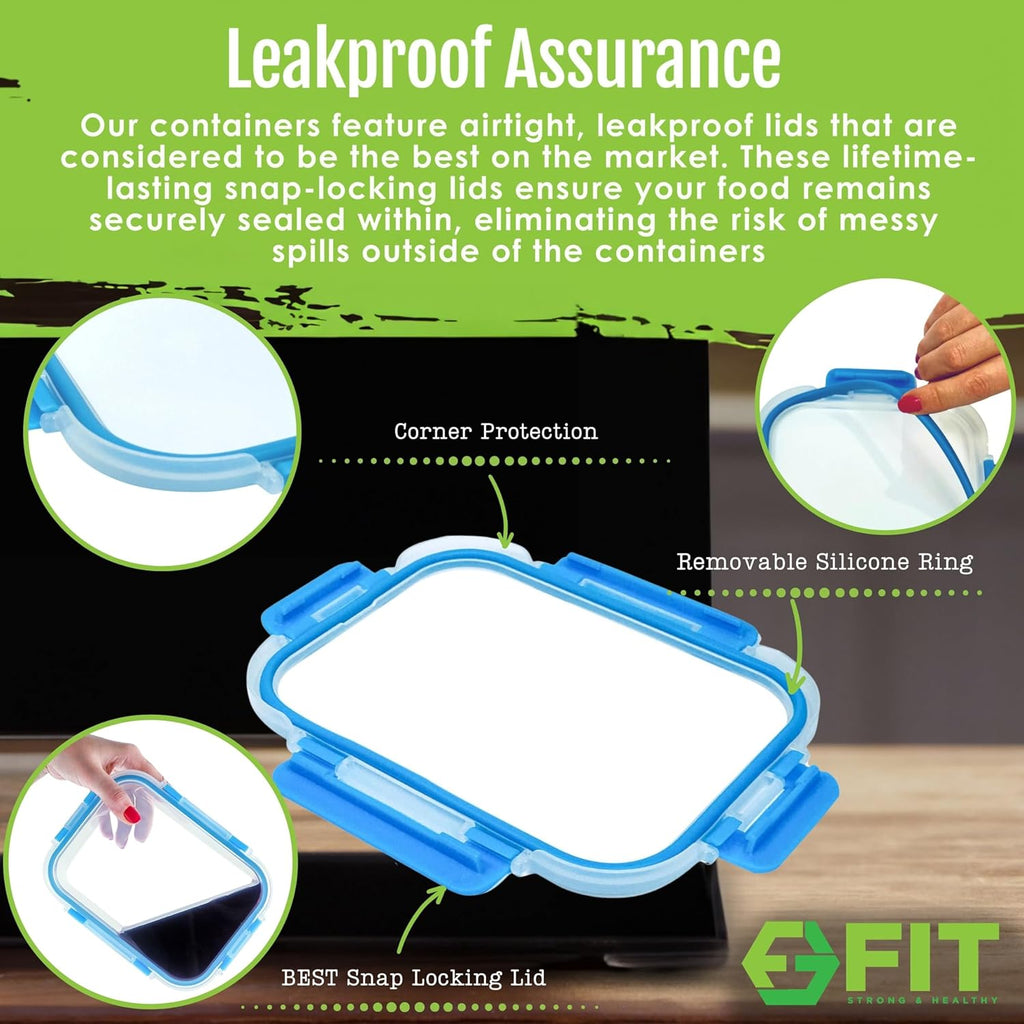 FIT Strong & Healthy Glass Meal Prep Containers 3 Compartment - Bento Box Adult Lunch Containers – Glass Snack Container with Lids, Leak-Proof Cover, Sectioned Storage Container, 32oz, Blue, 3 Pack