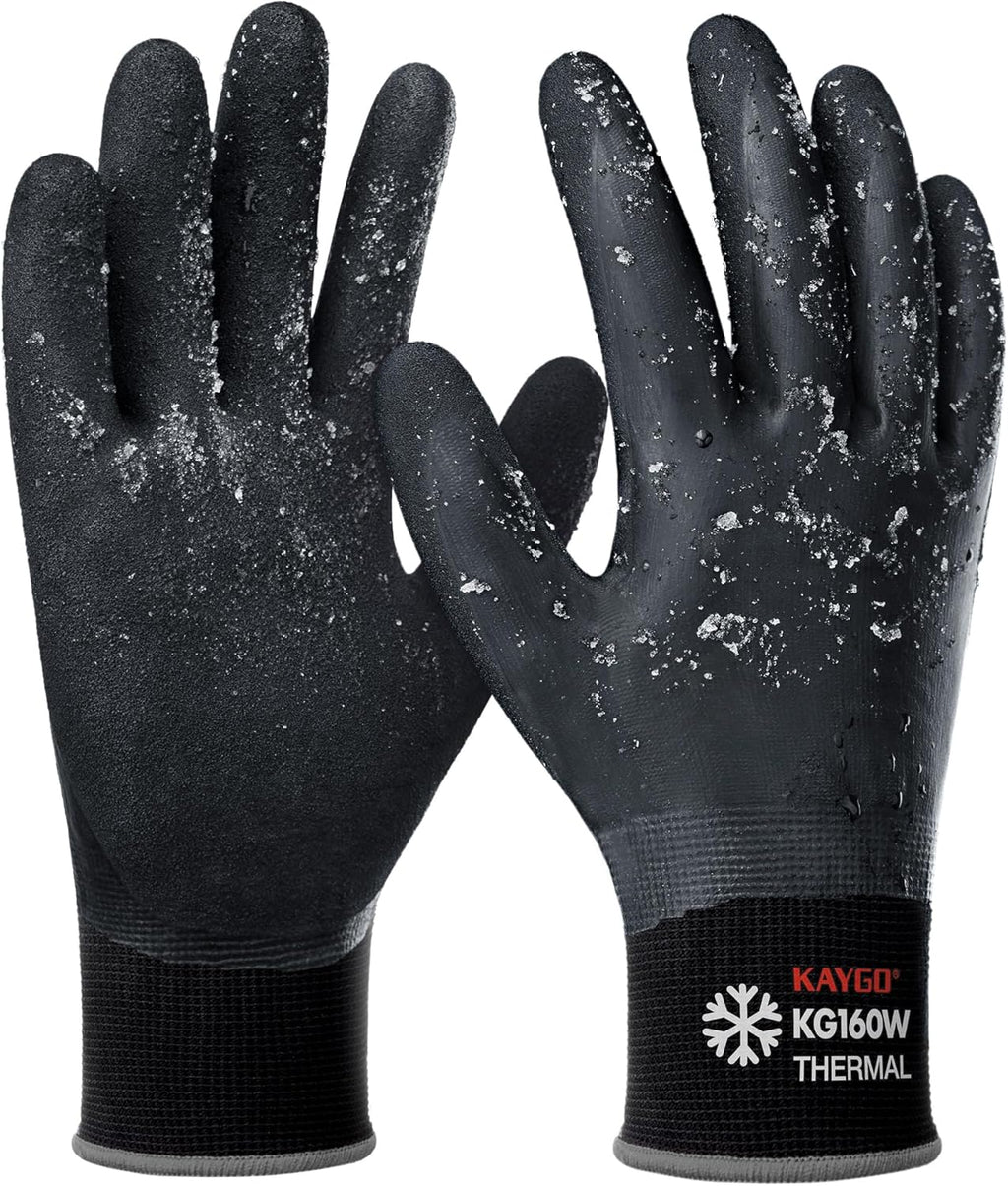 KAYGO Winter Waterproof Work Gloves for Men and Women, 3 Pairs Thermal Insulated Freezer Rubber Coated Gloves,Super Grip,KG160, L, Black