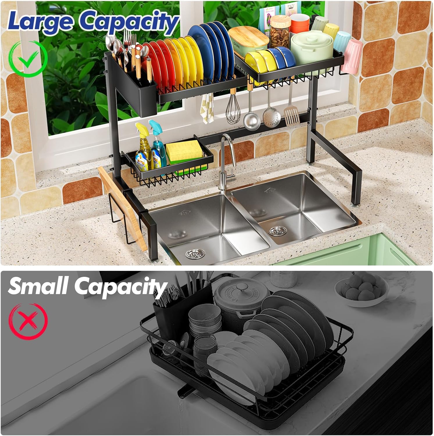 SNSLXH 2-Tier Over The Sink Dish Drying Rack, Kitchen Large Dish Drying Rack Over The Sink, Suitable for Most Sinks, Effective Dish Drying, Kitchen Drying Rack（24.8"-35.4"）