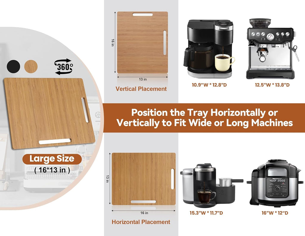 Joy&Grace Appliance Slider for Kitchen Appliances 360° Rolling Sliding Tray for Coffee Maker Countertop, Bamboo Coffee Pot Slider Rolling Tray (Natural, Large 16"x13")