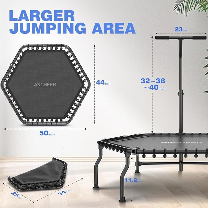 ANCHEER 50" Rebounder Trampoline for Adults- 2025 Foldable Mini Trampoline with Bar- Exercise Trampoline for Adults, Max Load 450lbs/550lbs, for Indoor/Garden Workout