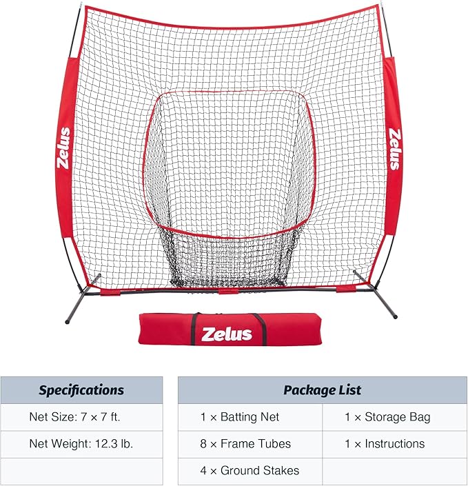 ZELUS Baseball Net 7 ft x7 ft, Softball Hitting & Pitching with Carry Bag, Ground Stakes, Portable Backstop & Bow Frame, Training Equipment for All Ages