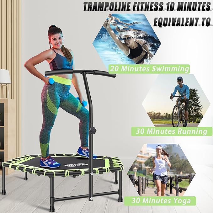 Newan 45'' Fitness Trampoline with Adjustable Handle Bar, Silent Trampoline Bungee Rebounder Jumping Cardio Trainer Workout for Adults - Mini Trampoline Max Limit 330 lbs