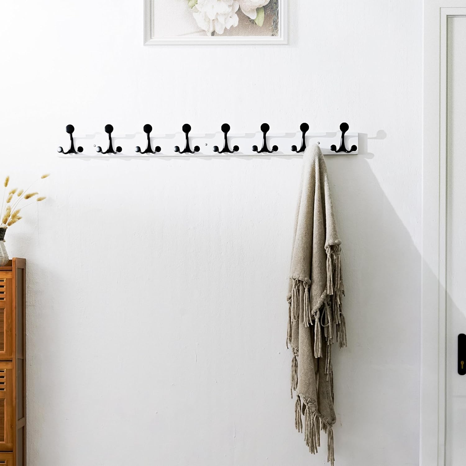 SKOLOO 43-Inch White Wood Coat Rack Wall Mount with 8 Triple Hooks - Ideal for Family Entrances, Classrooms, and Pet Supplies Storage - Perfect Coat Hooks for Wall