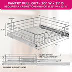 HOLDN’ STORAGE Heavy-Duty Premium Collection Pull Out Cabinet Organizer, Cabinet Drawer Slide Outs, Lifetime Limited Warranty - Basket Size 20" W x 21" D x 5" H, Anti-Rust Chrome Finish