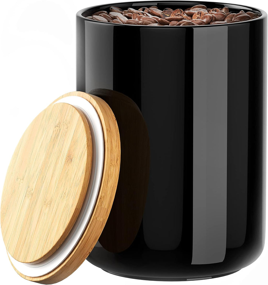 ALYC White Ceramic 1050mL 4 cup Food Storage Canister with Airtight Bamboo Lid and Silicone Seal Container for Counter - Great for Flour Coffee Sugar Treat Snack Caddy (Black)