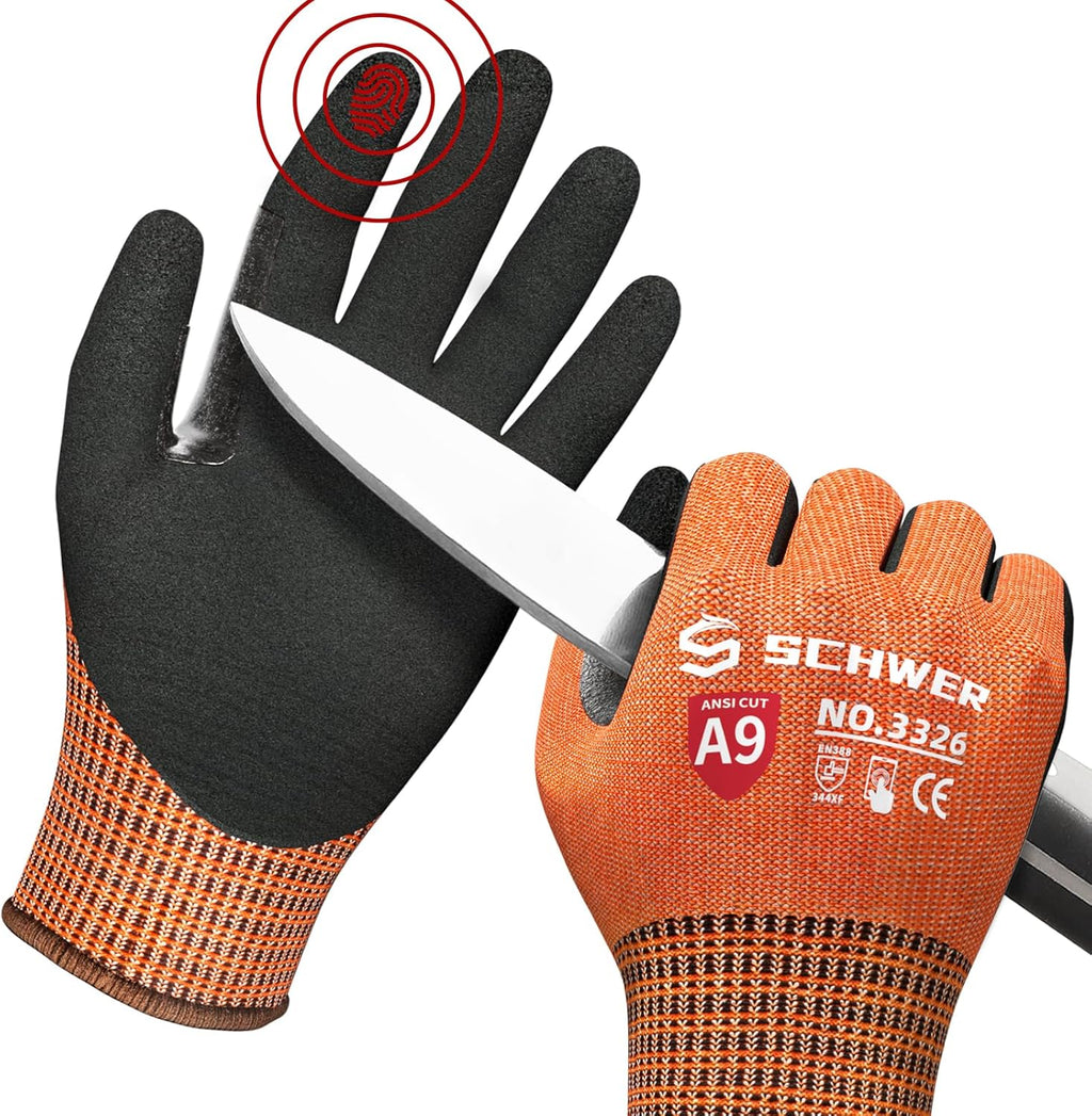 Schwer ProGuard Highest Level Cut Resistant Work Gloves PR3326 for Extreme Protection，ANSI A9 Cut Gloves with Reinforced Thumb, Non Slip, Non PFAS, Durable, Touch-screen, Orange 120 Pairs, M