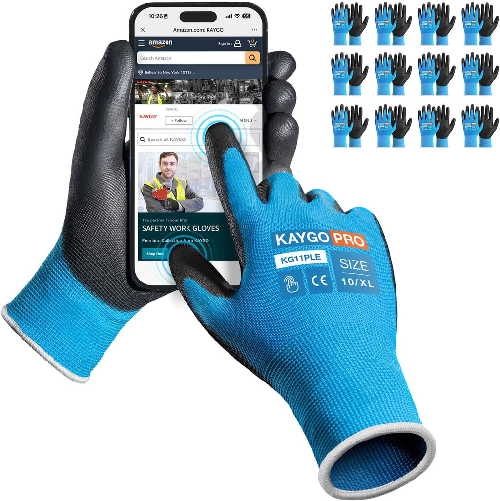KAYGO Safety Work Gloves PU Coated for Men and Women- KG11PB,12 Pairs,Seamless Knit Glove with Two Fingers Touchscreen,Ideal for General Duty Work (Blue,XL)