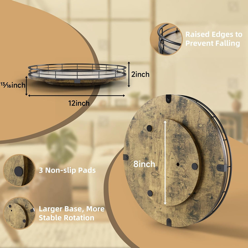 Lazy Susan Turntable Organizer for Table Top, 12’’ Round Wooden Lazy Susan for Cabinet Kitchen Countertop Pantry Dining Coffee Table for Condiments Spices, Rustic Bathroom Vanity Tray for Soap Candle
