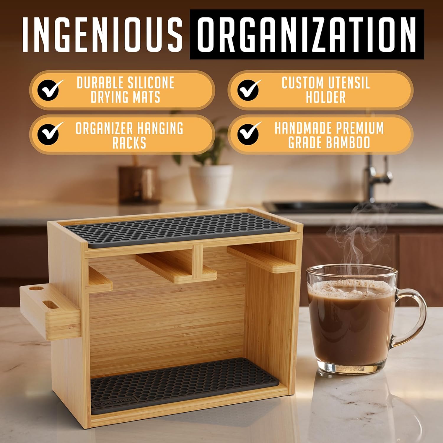 HEXNUB – Bamboo Organizer for AeroPress, Coffee Caddy Station Holds AeroPress Coffee Maker, Accessories, Filters, Cups, Stand includes Dripper Mats (Black)