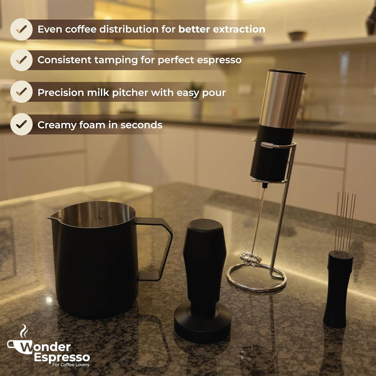 WDT Tool Espresso Magnetic, Espresso Tool Kit, Coffee Tamper 51mm, Milk Frother Handheld, Frothing Pitcher Stainless Steel, Electric Drink Mixer Wand, Barista Tools for Coffee Lovers