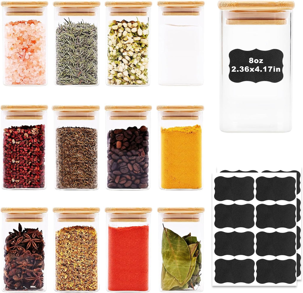 Glass Food Storage Jars Square 8oz, 12 Pack Glass Jars With Bamboo Lids, Kitchen Storage Containers For Spice, Candy, Cookie, Storage For Pantry Organizers