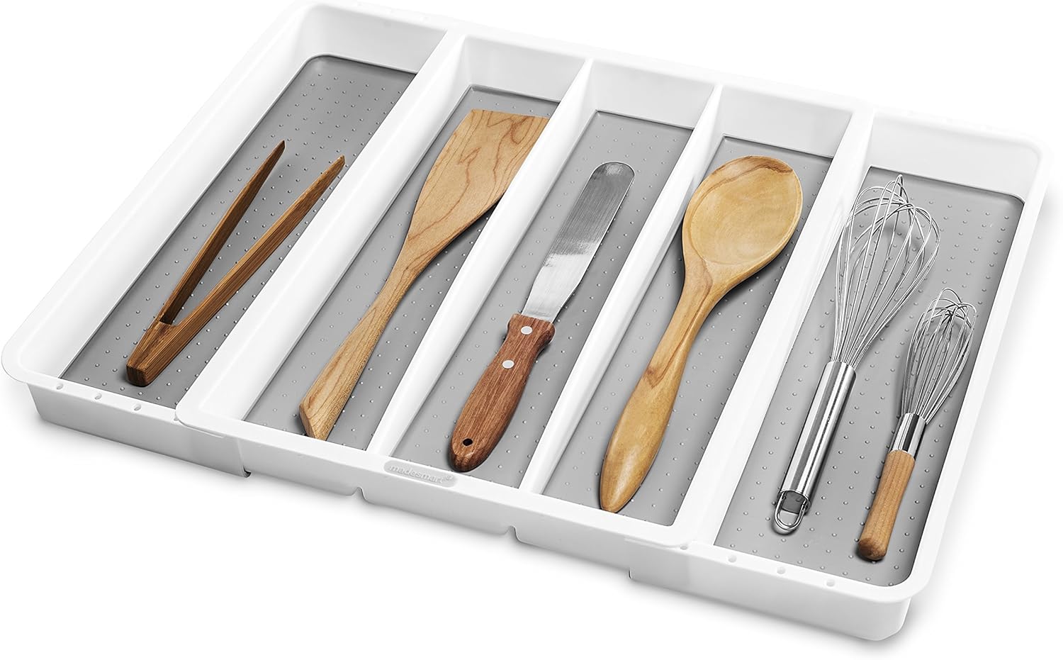 madesmart Expandable Utensil Tray-White | Classic Collection | 5-Compartments | Kitchen Organizer | Soft-Grip Lining and Non-Slip Rubber Feet | Easy to Clean | BPA-Free