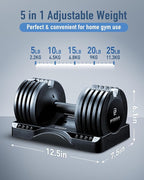 Adjustable Dumbbell – 12.5/25lb Single Unit OR Set of 2 – 5-in-1 Adjustable Weight for Home Gym, Strength Training & Fitness Workouts, White OR Black