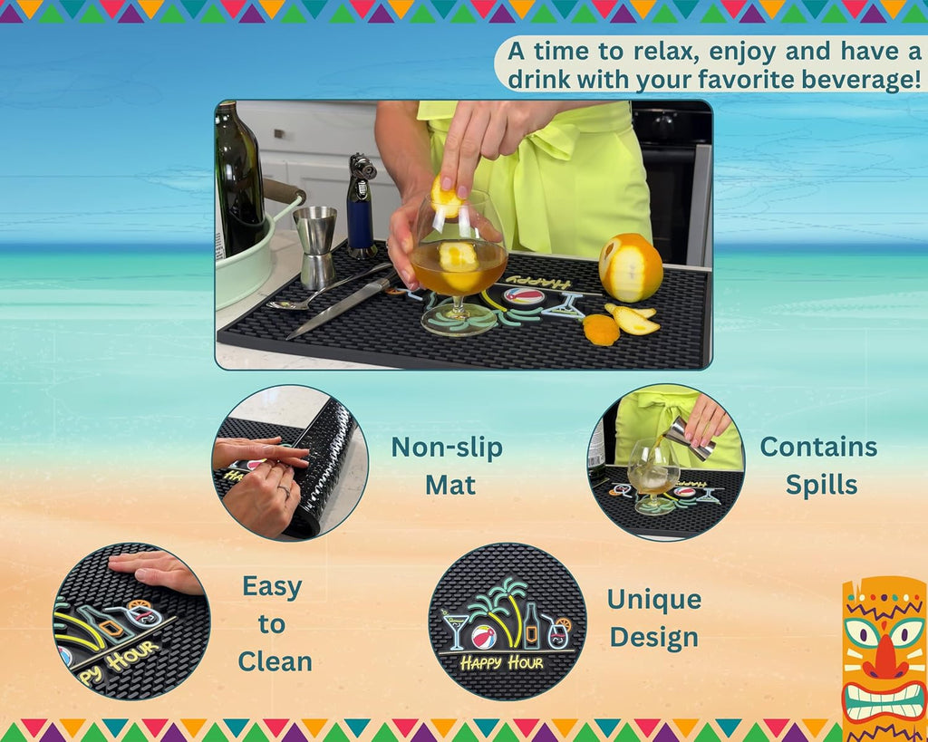 Tiki Bar Decor Happy Hour Mat 18x12 in, Tiki Bar Mats for Countertop with Martini, Beach Ball, Palm Trees, Beer Bottle and Cocktail Design - Outdoor Tiki Bar Mat, Tiki Decor Bar Mats for Bartending