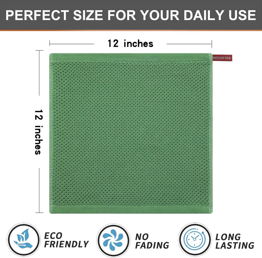 Kitinjoy 100% Cotton Kitchen Dish Cloths, 8 Pack Waffle Weave Ultra Soft Absorbent Dish Towels for Drying Dishes Quick Drying Kitchen Towels Dish Rags, 12 X 12 Inches, Grass Green