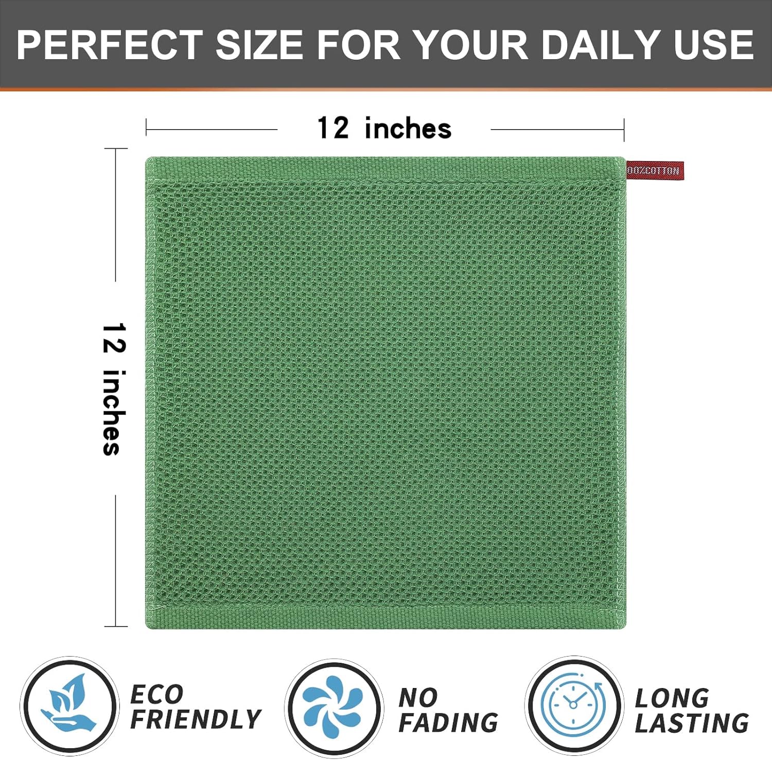 Kitinjoy 100% Cotton Kitchen Dish Cloths, 8 Pack Waffle Weave Ultra Soft Absorbent Dish Towels for Drying Dishes Quick Drying Kitchen Towels Dish Rags, 12 X 12 Inches, Grass Green